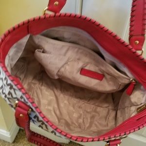 #1...Michael Kors Red Leather and Tan Canvas Bag